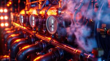 A powerful engine rumbling as it generates steam with pipes and gauges releasing the excess pressure photo