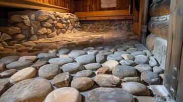Dozens of heat rocks cover the bottom of the sauna radiating warmth and helping to create a consistent temperature throughout the space photo
