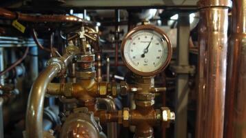 A steam pressure gauge measuring the intensity of the steam being produced with a dial ranging from low to high photo