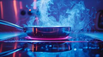 Closeup of a pan being lifted off an induction cooktop showcasing how quickly the surface cools down photo