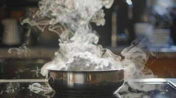 Steam rises from the metal cooking pan sitting on the hot plate with wisps of steam escaping from the sides photo