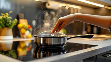 A hand holding a magnetic cookware against an induction cooktop demonstrating its magnetic properties photo