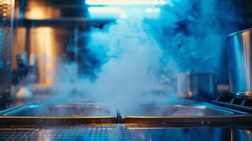 A thin layer of steam hovers above the hot plates surface creating a humid fog in the kitchen photo
