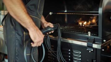 The electric cord is neatly coiled and secured to the back of the smoker preventing any tripping hazards photo