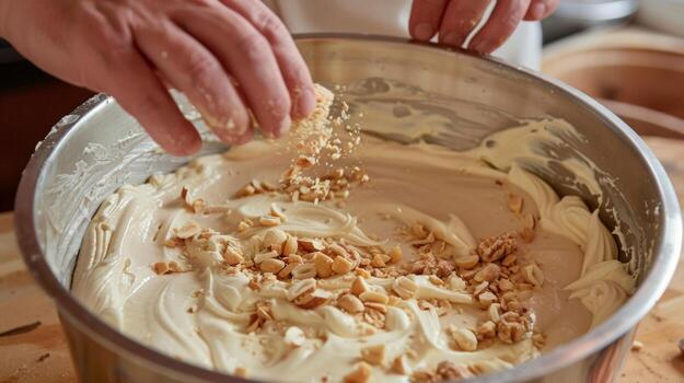 Hands sprinkling crushed peanuts into the mixture adding a crunchy texture to the creamy base photo