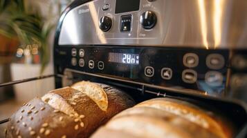 A closer look at the control panel of the bread maker with options for crust color loaf size and bread type photo