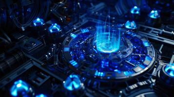 The blue glow of the machines power button hinting at the magic within photo