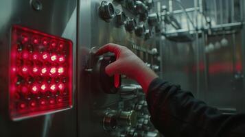 A hand reaching up to press the red button on the side of the machine triggering the popping process and releasing a burst of heat photo