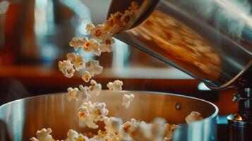 Closeup of a measuring cup pouring out perfectly portioned popcorn kernels into the top of the machine photo
