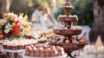 The chocolate fountain as the centerpiece of a dessert table surrounded by an array of mouthwatering treats and drawing the attention of every guest photo