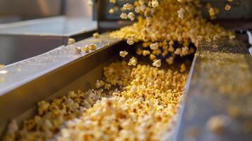 Closeup of the small chute at the bottom of the machine where the delicious popcorn spews out in a steady stream ready to be enjoyed photo