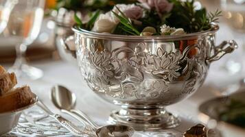 The detailed engravings on a silver fondue pot showcasing intricate floral designs and intricate patterns adding an elegant touch to the table setting photo
