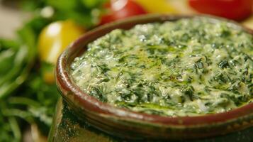 A fondue pot with a bright green color filled with melted spinach and artichoke dip perfect for vegetable dippers photo