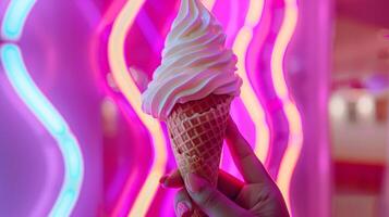 A hand holding a cone filled with swirls of soft serve ice cream made directly from the ice cream maker photo