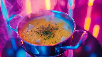 A miniature fondue pot perfect for individual servings filled with gooey melted cheese and topped with a sprinkle of fresh herbs photo