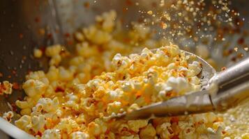 The rotating metal arm inside the popcorn maker coated in melted butter and seasoning and evenly distributing it a the kernels photo