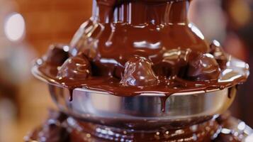 Small bitesized treats being dipped into a chocolate fountain their surfaces perfectly coated in a thick layer of creamy chocolate photo