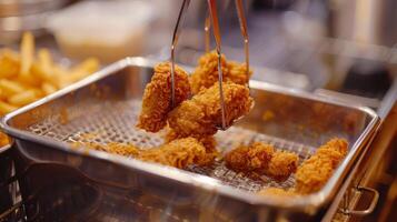 The metal frying basket filled with crispy chicken tenders being lifted out of the deep fryer photo