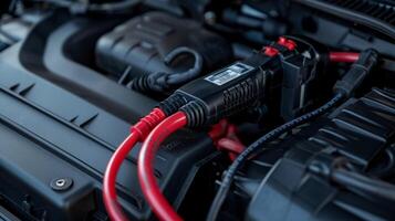 A closeup of a car jump starter with a builtin battery charger for emergency vehicle starting photo