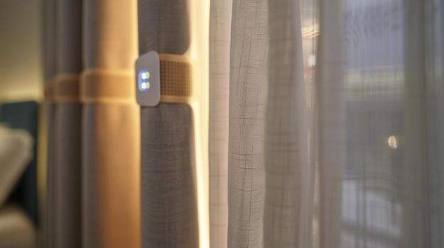 In the next image we see a closeup of the smart curtains security feature. With the use of motion sensors the curtains can automatically close when no one is in the room addin photo