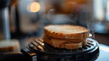 Macro of the adjustable lid on a sandwich maker fitting sandwiches of different thicknesses to perfection photo
