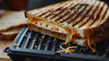 Upclose view of a sandwich being p into the sandwich maker with a layer of cheese oozing out from between the slices of bread photo