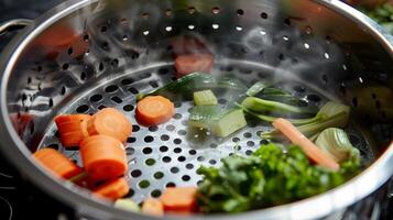 The inside of a vegetable steamer showing evenly spaced holes that allow the steam to circulate and cook vegetables to perfection photo
