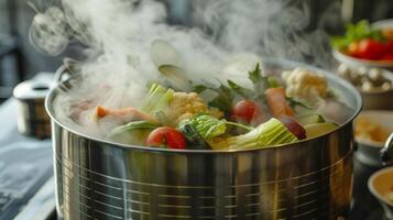 The steam rising from a vegetable steamer creating a beautiful misty effect around the fresh vegetables inside photo