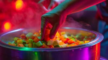 A hand placing a colorful ortment of diced vegetables into a steamer ready to be cooked into a healthy and nutritious meal photo