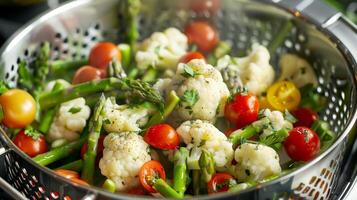 A steamer basket filled with a mix of vegetables including asparagus cauliflower and cherry tomatoes ready to be served as a colorful and healthy side dish photo
