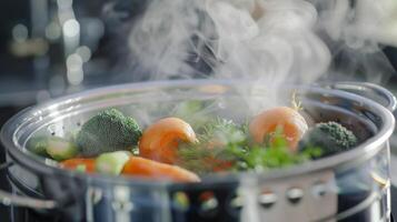 A closeup of a steamer releasing a small amount of steam indicating that the vegetables inside are perfectly cooked and ready to be served photo