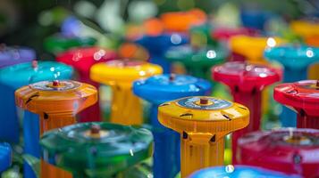 An array of colorful sprinkler heads each one representing a different water flow and coverage radius for different parts of the garden photo