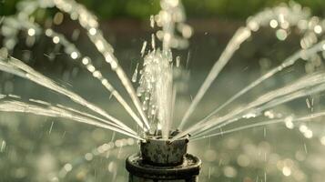 A closeup of a rotary sprinkler its multiple rotating arms spraying water in a circular pattern photo