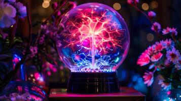 Bright neon colors blend together within the plasma ball creating a beautiful and otherworldly display photo