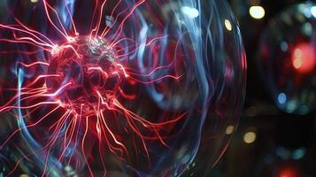 A closeup shot of the plasma ball reveals the intricate web of energy that dances around inside photo