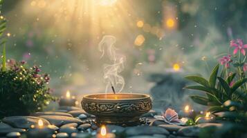 A peaceful and serene scene with the incense burner being the focal point and surrounding by decorative candles and plants photo