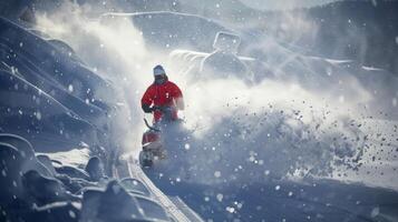 The snow blower in action effortlessly clearing a path through deep snow and leaving a clean polished surface behind photo