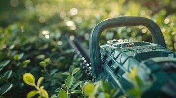 A closeup of the durable and lightweight body of an electric hedge trimmer ideal for long t sessions photo