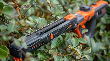 The adjustable blade length of an electric hedge trimmer shown in a detail shot for maximum control photo
