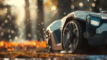 A side profile of the robotic lawn mower showing off its sleek design and wheels photo