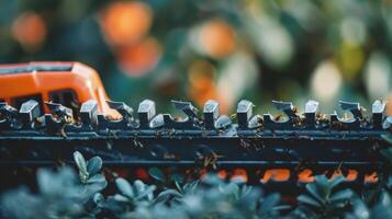 A macro shot of the blades on an electric hedge trimmer displaying the highquality steel material photo