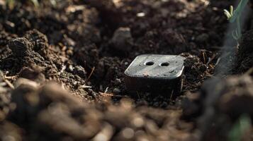 The sensor is partially buried in the soil with only the top visible photo