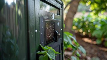 Closeup of the digital control panel on the side of the composter displaying the current temperature and composting progress photo