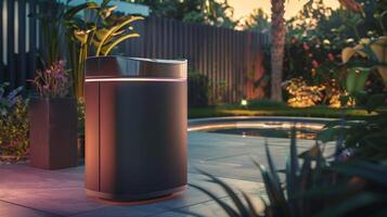 The sleek design of the composter with its modern curves and streamlined appearance seamlessly blending into a backyard or kitchen environment photo