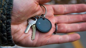 Upclose shot of the key finders compact size fitting easily in the palm of a hand photo