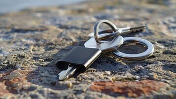 Upclose shot of the key finders keyring attachment with a metal clip and a flexible loop photo