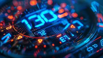 The digital display showing the time and date indicating an advanced technology photo