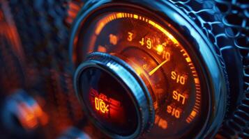 A closeup of the temperature dial on a space heater the numbers ranging from low to high photo
