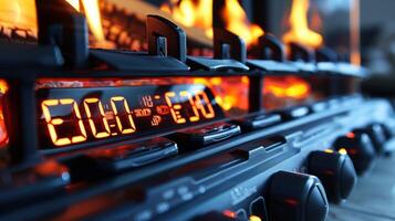 A look at the easytoread digital display screen that indicates the set temperature and timer settings of the electric fireplace photo