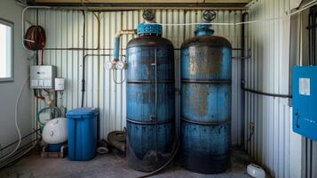 A pair of water tanks one filled with fresh water and the other with contaminated water from the cooler indicating its time for a refill and cleaning photo